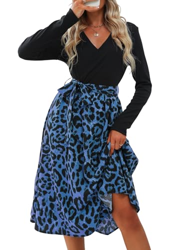 CUPSHE Damen Kleid V Ausschnitt Langarm Taillenschnürung Leopardenmuster A Linien Partykleid Freizeitkleider Lässige Wrap Midi Dress Blauer Leopard M von CUPSHE