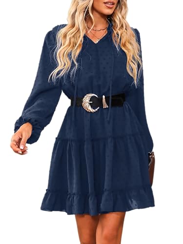 CUPSHE Damen Kleid V Ausschnitt Langarm Volants Chiffon A Linie Kurzes Kleid Freizeitkleider Party Tunika Mini Dress Blau XL von CUPSHE