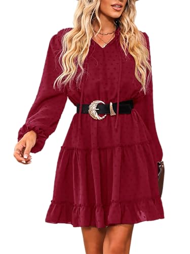 CUPSHE Damen Kleid V Ausschnitt Langarm Volants Chiffon A Linie Kurzes Kleid Freizeitkleider Party Tunika Mini Dress Rot XL von CUPSHE