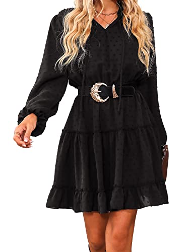 CUPSHE Damen Kleid V Ausschnitt Langarm Volants Chiffon A Linie Kurzes Kleid Freizeitkleider Party Tunika Mini Dress Schwarz XL von CUPSHE