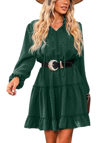 CUPSHE Damen Kleid V Ausschnitt Langarm Volants Chiffon A Linien Kurzes Kleid Freizeitkleider Party Tunika Mini Dress Grün M von CUPSHE