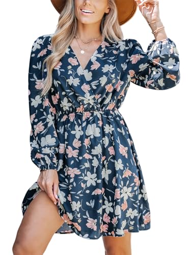 CUPSHE Damen Kleid V Ausschnitt Langarm Wickeloptik Blümchenkleid Freizeitkleider Wrap Mini Dress Blaues Blumenmuster M von CUPSHE