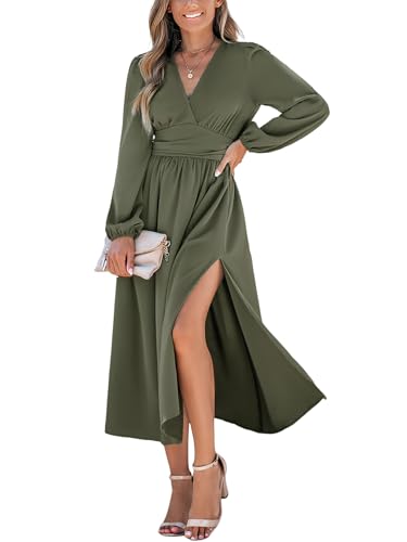 CUPSHE Damen Kleid V-Ausschnitt Spitze Langarm Herbst Freizeitkleider Tunika Seitenschlitz A-Linie Elegant Midi Dress Olivgrün S von CUPSHE