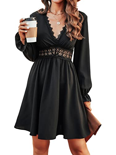 CUPSHE Damen Kleid V Ausschnitt Spitzenbesatz Langarm A Linien Freizeitkleider Tunika Party Mini Dress Schwarz S CUPSHE Damen Kleid V Ausschnitt Spitzenbesatz Langarm A Linien Freizeitkleider Tunika Party Mini Dress Schwarz S von CUPSHE