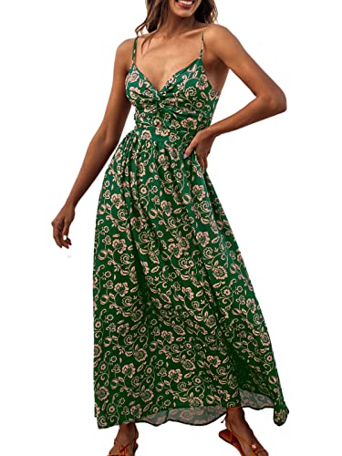CUPSHE Damen Kleid V Ausschnitt Twist vorne Blumendruck Verstellbares Cami Maxikleid Freizeitkleider Boho Beach Maxi Dress Grünes Blumenmuster XL von CUPSHE