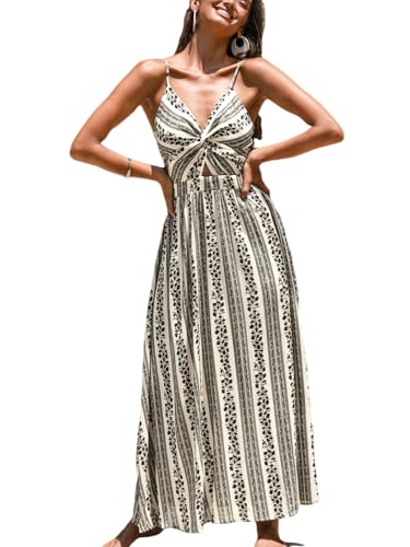 CUPSHE Damen Kleid V Ausschnitt Twist Front Ärmellos Blumendruck Verstellbares Cami Maxikleid Freizeitkleider Boho Party Beach Maxi Dress Schwarz gestreift L von CUPSHE