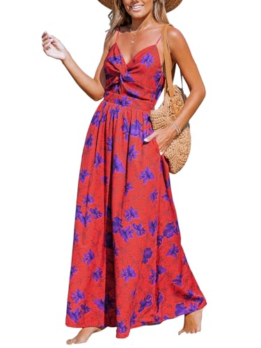 CUPSHE Damen Kleid V Ausschnitt Twist Front Ärmellos Blumendruck Verstellbares Cami Maxikleid Freizeitkleider Boho Party Beach Maxi Dress Violett mit Blumenmuster M von CUPSHE