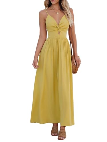 CUPSHE Damen Kleid V Ausschnitt Twist vorne Blumendruck Verstellbares Cami Maxikleid Freizeitkleider Boho Beach Maxi Dress Gelb L von CUPSHE