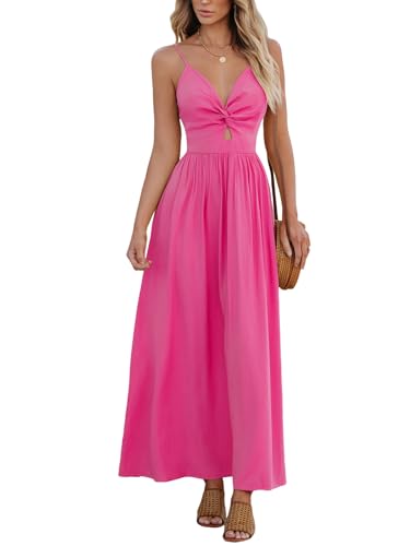 CUPSHE Damen Kleid V Ausschnitt Twist vorne Blumendruck Verstellbares Cami Maxikleid Freizeitkleider Boho Beach Maxi Dress Knallpink S von CUPSHE