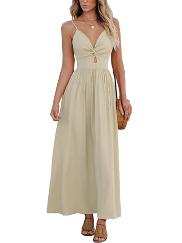 CUPSHE Damen Kleid V Ausschnitt Twist vorne Blumendruck Verstellbares Cami Maxikleid Freizeitkleider Boho Beach Maxi Dress Beige XS von CUPSHE
