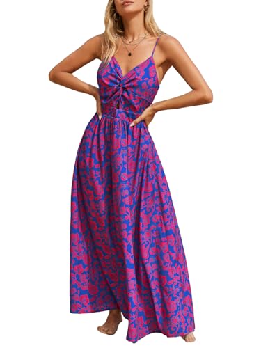 CUPSHE Damen Kleid V Ausschnitt Twist vorne Blumendruck Verstellbares Cami Maxikleid Freizeitkleider Boho Beach Maxi Dress Blau Floral L von CUPSHE