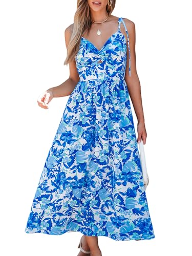 CUPSHE Damen Kleid V Ausschnitt Twist vorne Blumendruck Verstellbares Cami Maxikleid Freizeitkleider Boho Beach Maxi Dress Blaue Blumen S von CUPSHE