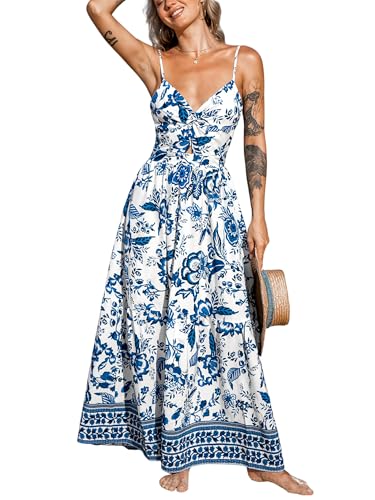 CUPSHE Damen Kleid V Ausschnitt Twist vorne Blumendruck Verstellbares Cami Maxikleid Freizeitkleider Boho Beach Maxi Dress Blaugrünes Blumen XL von CUPSHE