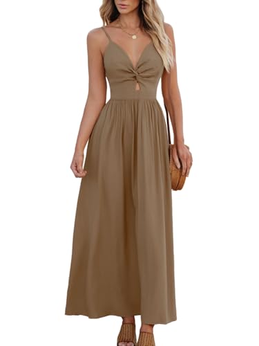 CUPSHE Damen Kleid V Ausschnitt Twist vorne Blumendruck Verstellbares Cami Maxikleid Freizeitkleider Boho Beach Maxi Dress Braun L von CUPSHE