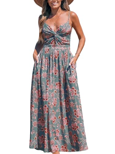CUPSHE Damen Kleid V Ausschnitt Twist vorne Blumendruck Verstellbares Cami Maxikleid Freizeitkleider Boho Beach Maxi Dress Grau Blumen L von CUPSHE