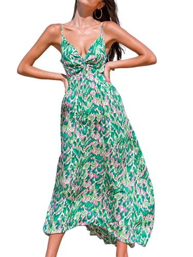 CUPSHE Damen Kleid V Ausschnitt Twist vorne Blumendruck Verstellbares Cami Maxikleid Freizeitkleider Boho Beach Maxi Dress Grün Abstrakt S von CUPSHE