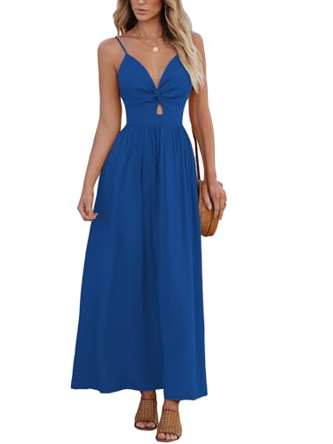 CUPSHE Damen Kleid V Ausschnitt Twist vorne Blumendruck Verstellbares Cami Maxikleid Freizeitkleider Boho Beach Maxi Dress Königsblau XL von CUPSHE