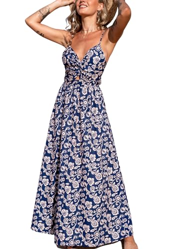 CUPSHE Damen Kleid V Ausschnitt Twist vorne Blumendruck Verstellbares Cami Maxikleid Freizeitkleider Boho Beach Maxi Dress Marineblau Paisley L von CUPSHE