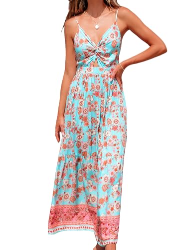 CUPSHE Damen Kleid V Ausschnitt Twist vorne Blumendruck Verstellbares Cami Maxikleid Freizeitkleider Boho Beach Maxi Dress Minze Blumen L von CUPSHE