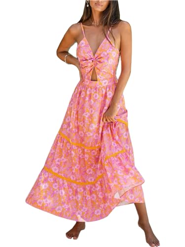 CUPSHE Damen Kleid V Ausschnitt Twist vorne Blumendruck Verstellbares Cami Maxikleid Freizeitkleider Boho Beach Maxi Dress Rosa Blumenmuster M von CUPSHE