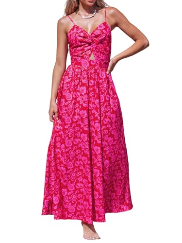 CUPSHE Damen Kleid V Ausschnitt Twist vorne Blumendruck Verstellbares Cami Maxikleid Freizeitkleider Boho Beach Maxi Dress Rot/Blumenmuster L von CUPSHE