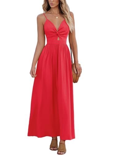 CUPSHE Damen Kleid V Ausschnitt Twist vorne Blumendruck Verstellbares Cami Maxikleid Freizeitkleider Boho Beach Maxi Dress Rot L von CUPSHE