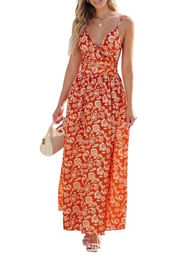 CUPSHE Damen Kleid V Ausschnitt Twist vorne Blumendruck Verstellbares Cami Maxikleid Freizeitkleider Boho Beach Maxi Dress Rotes Paisley XL von CUPSHE