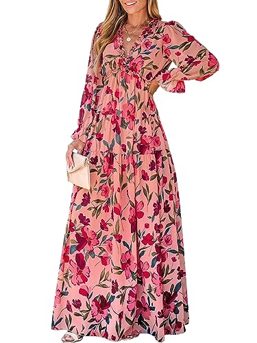 CUPSHE Damen Kleid V Ausschnitt Volants Langarm Blumendruck Gestufter Rüschensaum Lange Maxikleid Freizeitkleider Party Maxi Dress Rosa Blumenmuster S von CUPSHE