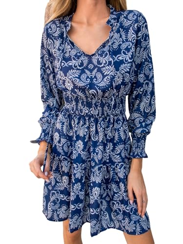 CUPSHE Damen Kleid V Ausschnitt Volants Langarm Paisley Print A Linien Kurzes Minikleid Freizeitkleider Party Mini Dress Preußischblau S von CUPSHE