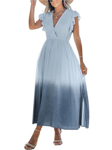 CUPSHE Damen Kleid V Ausschnitt Wickeloptik Ärmellos Farbverlauf Rüschen Maxikleid Freizeitkleider Maxi Dress Grau S von CUPSHE