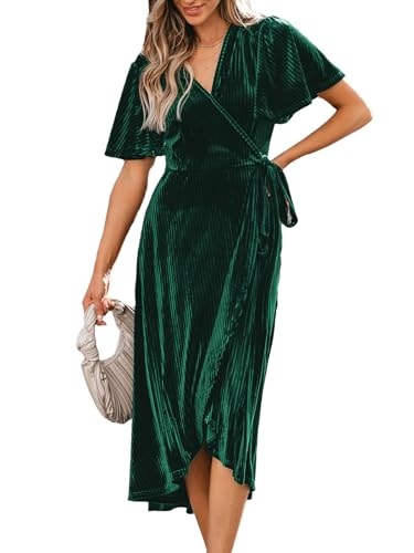 CUPSHE Damen Kleid V Ausschnitt Wickeloptik Flatterärmel Taillenschnürung Beinschlitz Glitzer Samt Abendkleid Partykleid Cocktail Wrap Midi Dress Grün XL von CUPSHE