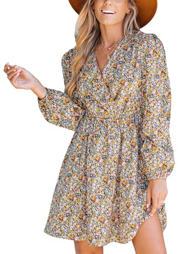 CUPSHE Damen Kleid V Ausschnitt Wickeloptik Langarm Blumenmuster A Linien Freizeitkleider Chiffon Wrap Mini Dress Gelbes Blumenmuster XS von CUPSHE