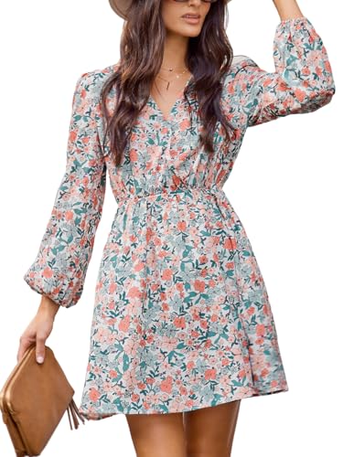 CUPSHE Damen Kleid V Ausschnitt Wickeloptik Langarm Blumenmuster A Linien Freizeitkleider Chiffon Wrap Mini Dress Orange Floral L von CUPSHE