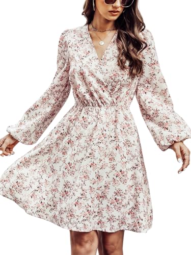CUPSHE Damen Kleid V Ausschnitt Wickeloptik Langarm Blumenmuster A Linien Freizeitkleider Chiffon Wrap Mini Dress Weiß L von CUPSHE