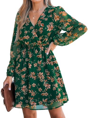 CUPSHE Damen Kleid V Ausschnitt Wickeloptik Langarm Blumenmuster A Linien Freizeitkleider Wrap Mini Dress Grünes Blumenmuster S von CUPSHE