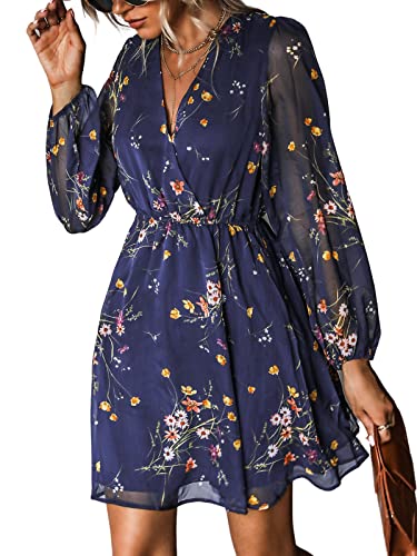 CUPSHE Damen Kleid V Ausschnitt Wickeloptik Langarm Blumenmuster A Linien Freizeitkleider Wrap Mini Dress Marineblau XS von CUPSHE