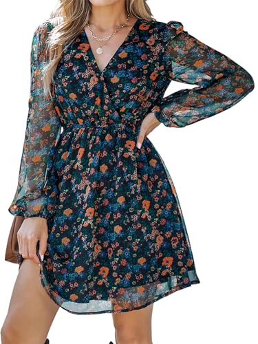 CUPSHE Damen Kleid V Ausschnitt Wickeloptik Langarm Blumenmuster A Linien Freizeitkleider Wrap Mini Dress Marineblumendruck S von CUPSHE