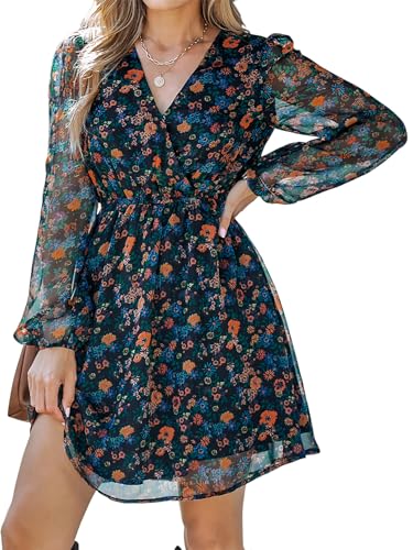 CUPSHE Damen Kleid V Ausschnitt Wickeloptik Langarm Blumenmuster A Linien Freizeitkleider Wrap Mini Dress Marineblumendruck XS von CUPSHE