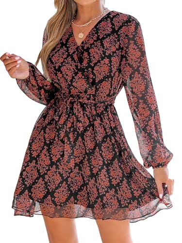 CUPSHE Damen Kleid V Ausschnitt Wickeloptik Langarm Blumenmuster mit Gürtel Chiffon Freizeitkleider A Linie Mini Dress Schwarz L von CUPSHE