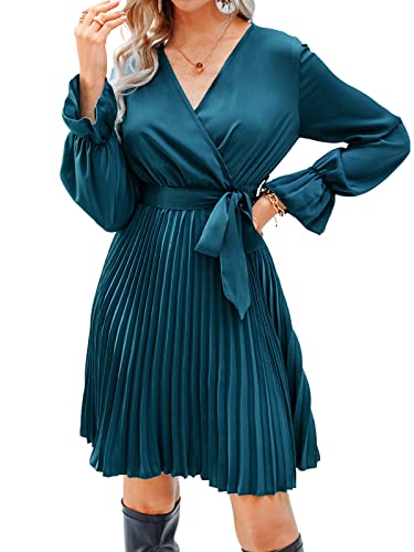 CUPSHE Damen Kleid V Ausschnitt Wickeloptik Langarm Plissiertes Kleid Taillengürtel Satinoptik Freizeitkleider Party Dress Blau M von CUPSHE