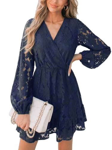 CUPSHE Damen Kleid V Ausschnitt Wickeloptik Langarm Rüschen Floral Spitzen MInikleid Freizeitkleider Party Wrap Lace Mini Dress Marineblau L von CUPSHE