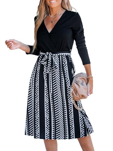 CUPSHE Damen Kleid V Ausschnitt Wickeloptik Langarm Taillenschnürung Geometrische Muster A Linien Freizeitkleider Wrap Midi Dress Weißes Geo-Muster L von CUPSHE