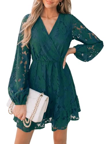 CUPSHE Damen Kleid V Ausschnitt Wickeloptik Langarm Volant Floral Spitzen Minikleid Freizeitkleider Party Wrap Lace Mini Dress Grün L von CUPSHE