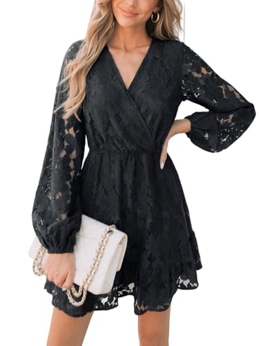 CUPSHE Damen Kleid V Ausschnitt Wickeloptik Langarm Volant Floral Spitzen Minikleid Freizeitkleider Party Wrap Lace Mini Dress von CUPSHE