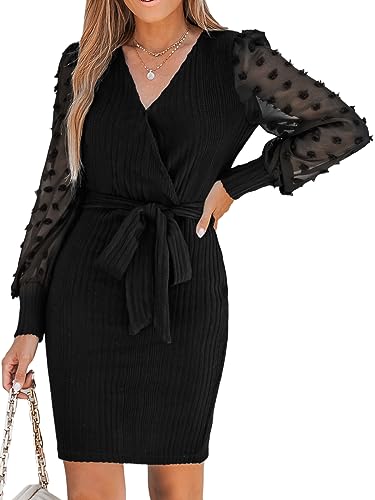 CUPSHE Damen Kleid V Ausschnitt Wickeloptik Transparent Langarm Taillenschnürung Freizeitkleider Party Elegant Bodycon Mini Dress Schwarz M von CUPSHE