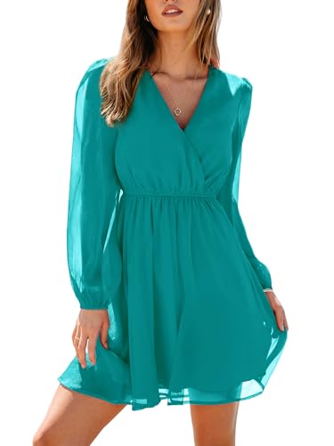 CUPSHE Damen Kleid V Ausschnitt Wickeloptik Transparente Lange Ärmel Blumenmuster Freizeitkleider Wrap Mini Dress Blaugrün M von CUPSHE