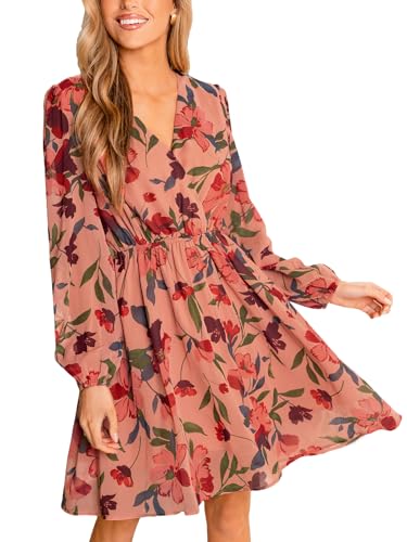 CUPSHE Damen Kleid V Ausschnitt Wickeloptik Transparente Lange Ärmel Blumenmuster Freizeitkleider Wrap Mini Dress Staubige Rose M von CUPSHE