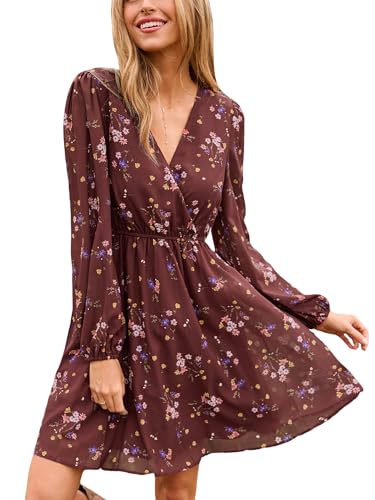 CUPSHE Damen Kleid V Ausschnitt Wickeloptik Transparente Lange Ärmel Freizeitkleider Wrap Mini Dress Burgunderrot Ditsy XXL von CUPSHE