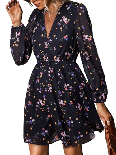 CUPSHE Damen Kleid V Ausschnitt Wickeloptik Transparente Lange Ärmel Freizeitkleider Wrap Mini Dress Schwarzes Ditsy L von CUPSHE