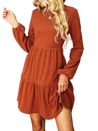 CUPSHE Damen Kleid Rundhals Langarm Volantsaum A Linien Herbst Winter Rippstruktur Kurze Minikleid Freizeitkleider Tiered Mini Dress Burnt Orange M von CUPSHE